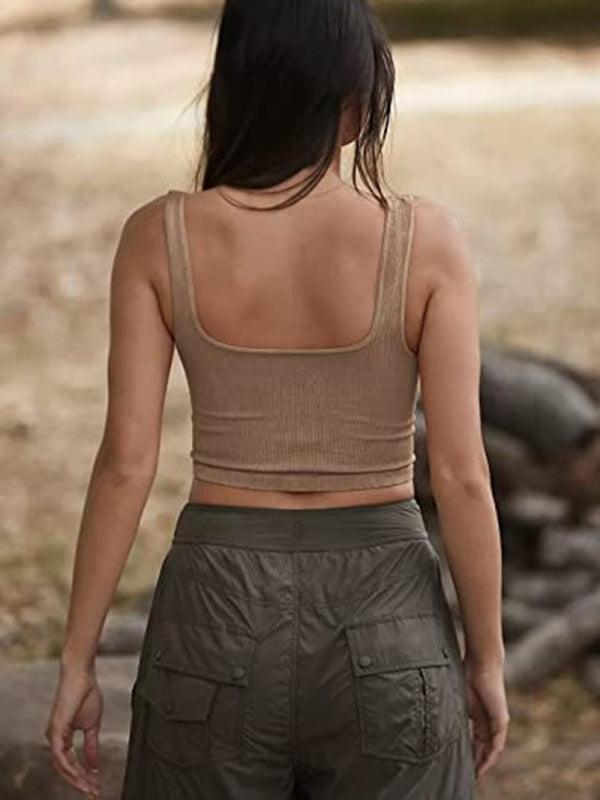 Women's solid color casual thread short vest - 808Lush