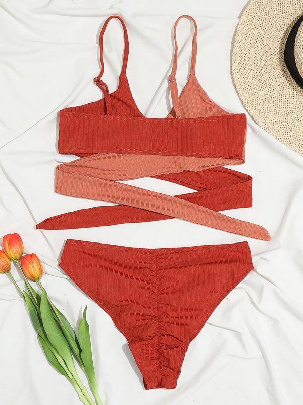 Women's solid color color block thick pit strip cross strap high waist bikini - 808Lush