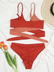Women's solid color color block thick pit strip cross strap high waist bikini - 808Lush
