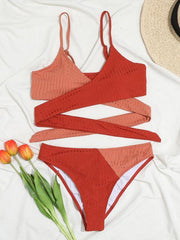 Women's solid color color block thick pit strip cross strap high waist bikini - 808Lush