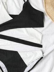 Women's solid color color block thick pit strip cross strap high waist bikini - 808Lush