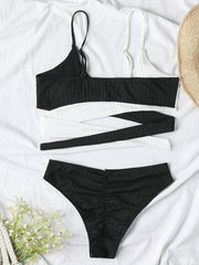Women's solid color color block thick pit strip cross strap high waist bikini - 808Lush