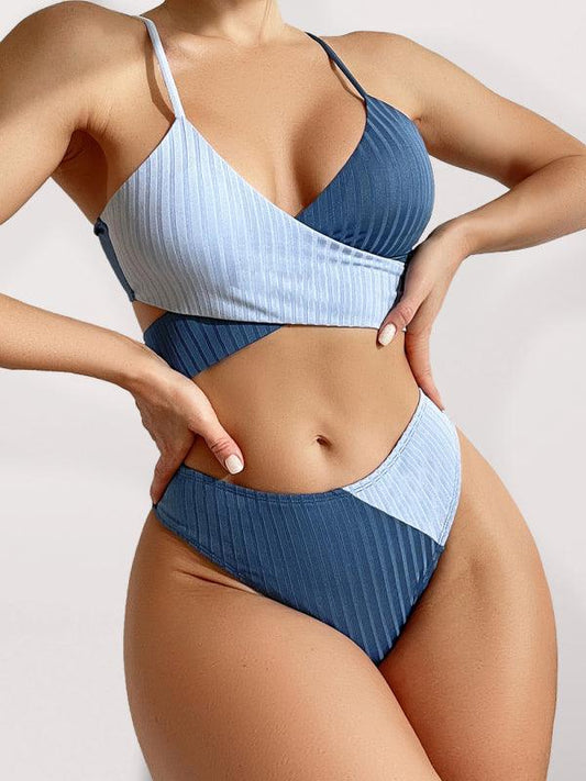 Women's solid color color block thick pit strip cross strap high waist bikini - 808Lush