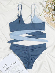 Women's solid color color block thick pit strip cross strap high waist bikini - 808Lush
