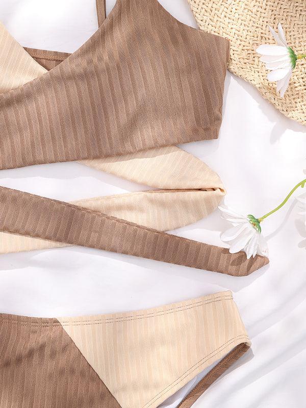 Women's solid color color block thick pit strip cross strap high waist bikini - 808Lush