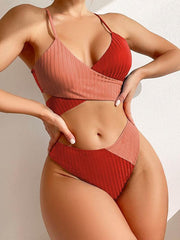 Women's solid color color block thick pit strip cross strap high waist bikini - 808Lush
