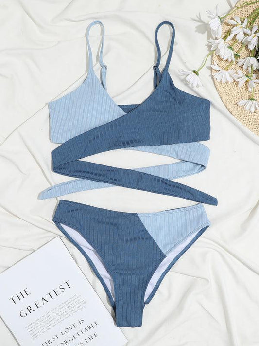 Women's solid color color block thick pit strip cross strap high waist bikini - 808Lush