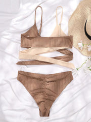 Women's solid color color block thick pit strip cross strap high waist bikini - 808Lush