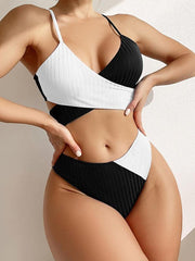Women's solid color color block thick pit strip cross strap high waist bikini - 808Lush