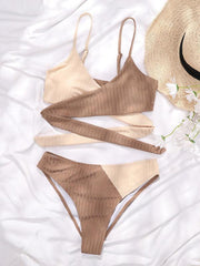 Women's solid color color block thick pit strip cross strap high waist bikini - 808Lush