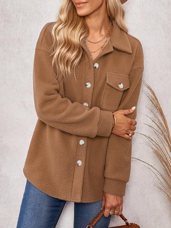 Women's solid color fashion Lapel Plush loose coat - 808Lush