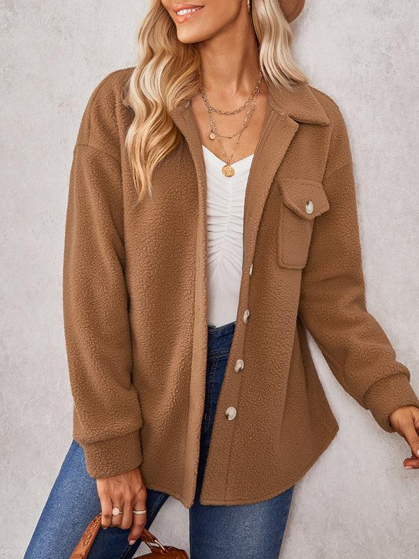 Women's solid color fashion Lapel Plush loose coat - 808Lush