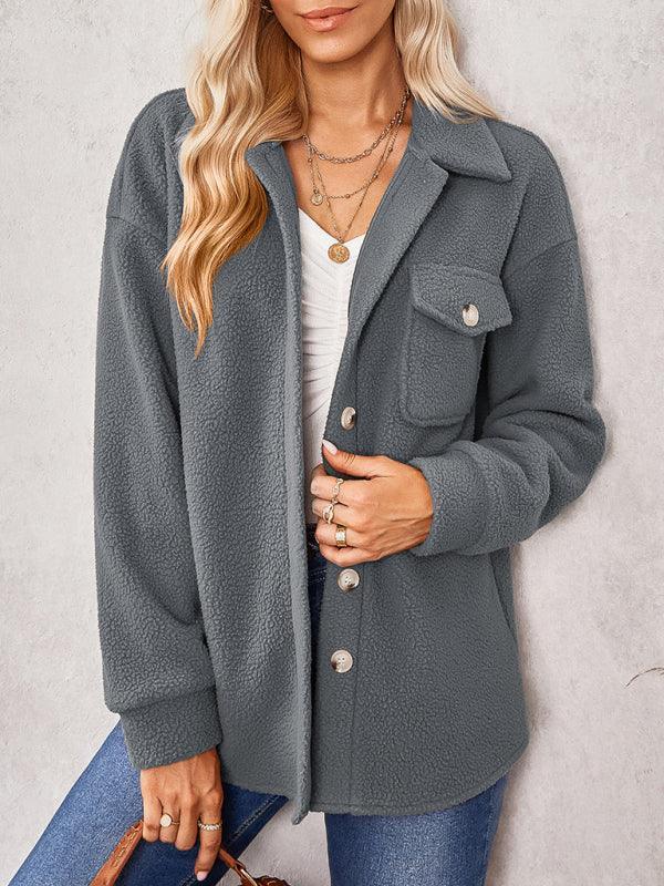 Women's solid color fashion Lapel Plush loose coat - 808Lush