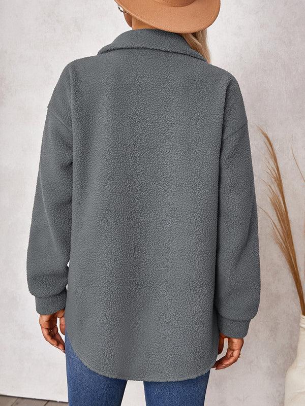 Women's solid color fashion Lapel Plush loose coat - 808Lush