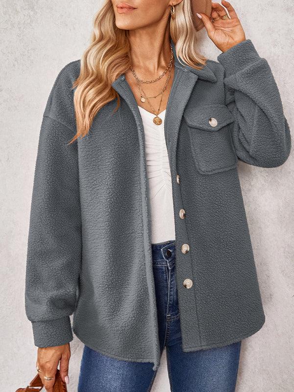 Women's solid color fashion Lapel Plush loose coat - 808Lush