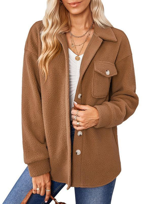 Women's solid color fashion Lapel Plush loose coat - 808Lush