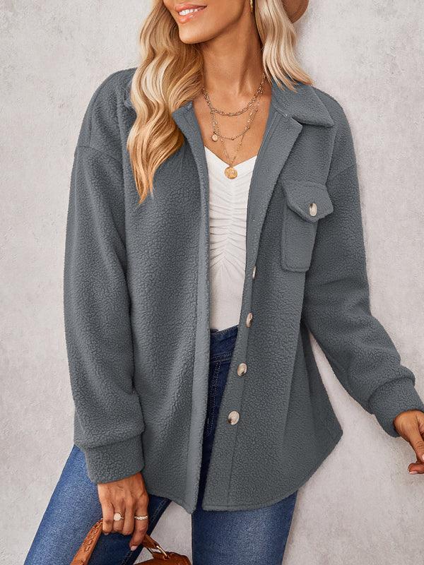Women's solid color fashion Lapel Plush loose coat - 808Lush