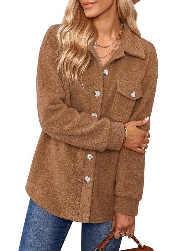 Women's solid color fashion Lapel Plush loose coat - 808Lush