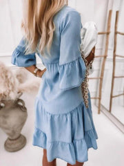 Women's solid color half-sleeved A-line denim dress - 808Lush