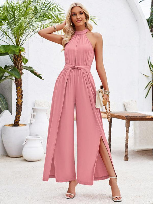 Women's solid color halterneck strappy jumpsuit - 808Lush