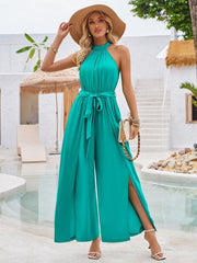 Women's solid color halterneck strappy jumpsuit - 808Lush