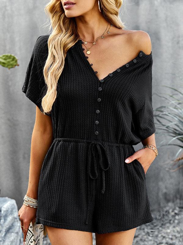 Women's solid color jumpsuit casual home shorts - 808Lush
