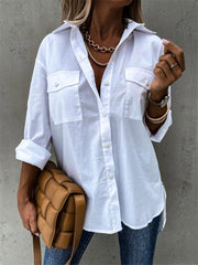 Women's solid color pocket irregular long sleeve lapel shirt - 808Lush