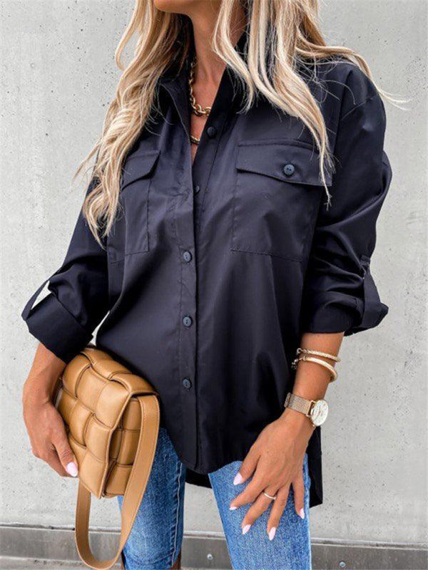 Women's solid color pocket irregular long sleeve lapel shirt - 808Lush