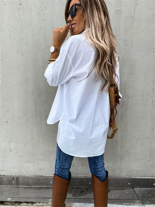 Women's solid color pocket irregular long sleeve lapel shirt - 808Lush