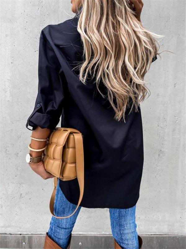 Women's solid color pocket irregular long sleeve lapel shirt - 808Lush