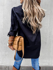 Women's solid color pocket irregular long sleeve lapel shirt - 808Lush