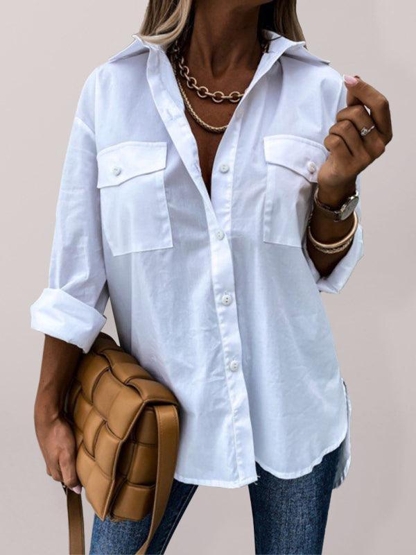 Women's solid color pocket irregular long sleeve lapel shirt - 808Lush