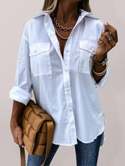 Women's solid color pocket irregular long sleeve lapel shirt - 808Lush