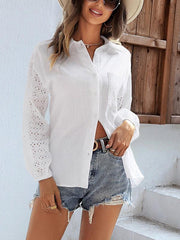 Women's solid color shirt with lace sleeves top - 808Lush