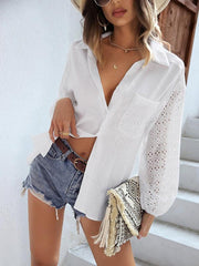 Women's solid color shirt with lace sleeves top - 808Lush