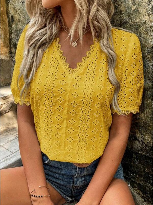 Women's solid color short-sleeved hollow shirt - 808Lush