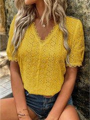 Women's solid color short-sleeved hollow shirt - 808Lush