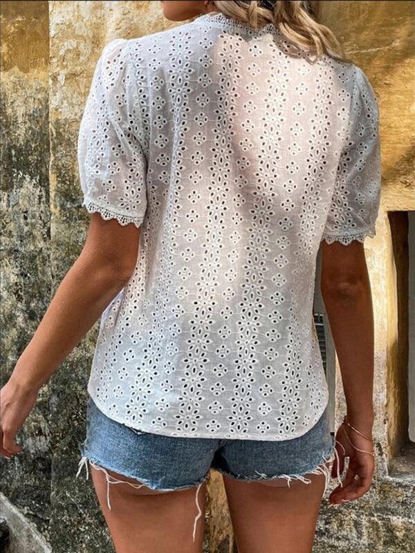 Women's solid color short-sleeved hollow shirt - 808Lush