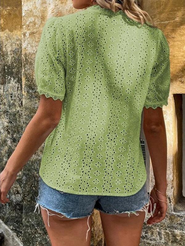 Women's solid color short-sleeved hollow shirt - 808Lush