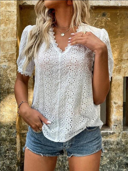 Women's solid color short-sleeved hollow shirt - 808Lush