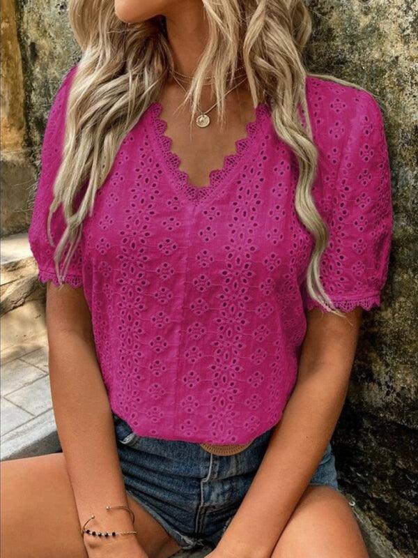 Women's solid color short-sleeved hollow shirt - 808Lush