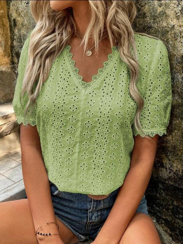 Women's solid color short-sleeved hollow shirt - 808Lush