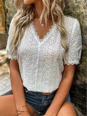 Women's solid color short-sleeved hollow shirt - 808Lush