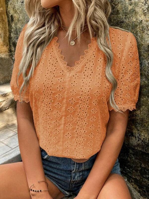 Women's solid color short-sleeved hollow shirt - 808Lush