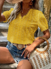 Women's solid color short-sleeved hollow shirt - 808Lush