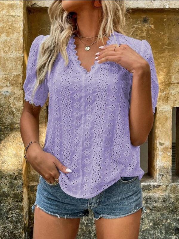 Women's solid color short-sleeved hollow shirt - 808Lush