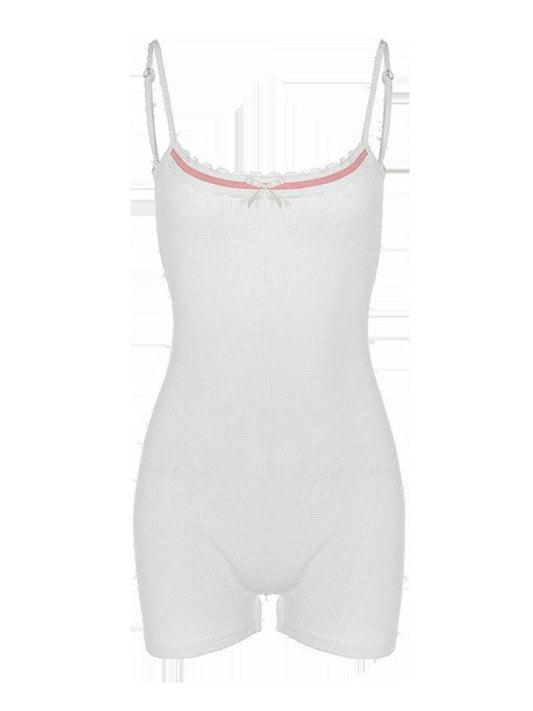 Women's solid color slim fit girly style chest patch bow backless suspender jumpsuit - 808Lush