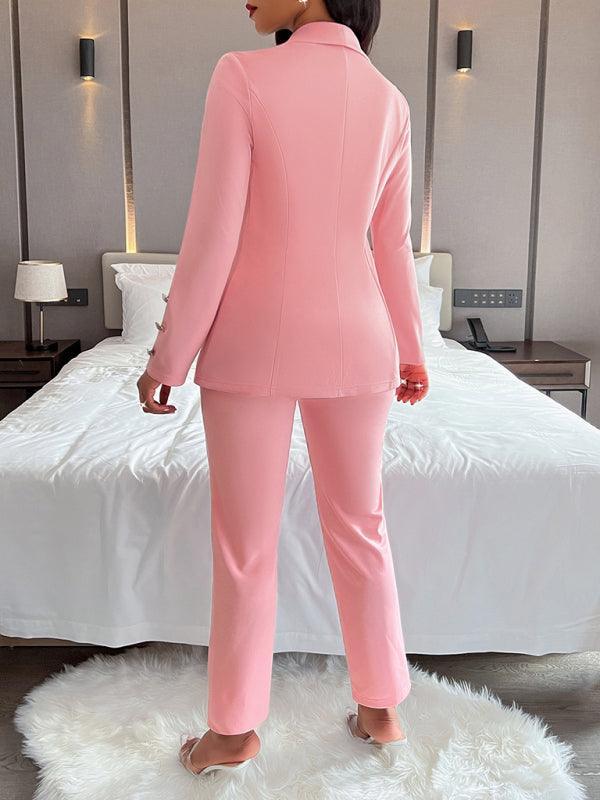 Women's solid color suit collar double breasted casual suit - 808Lush