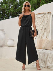 Women's solid color suspender waist wide leg jumpsuit - 808Lush