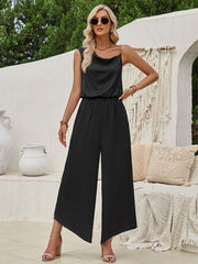Women's solid color suspender waist wide leg jumpsuit - 808Lush